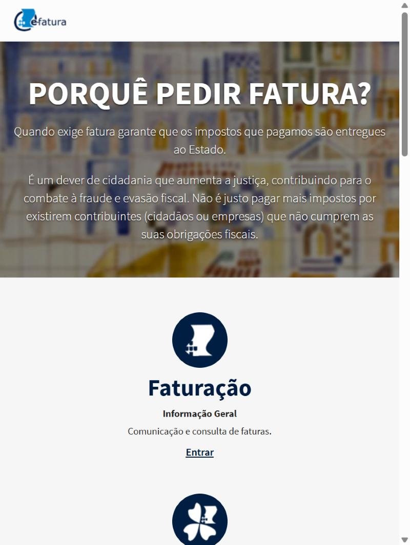 Captura de ecrã da página inicial do portal e-fatura da Autoridade Tributária
