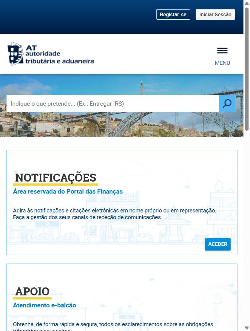Captura de ecrã do Portal das Finanças com os botões Registar-se e Iniciar Sessão