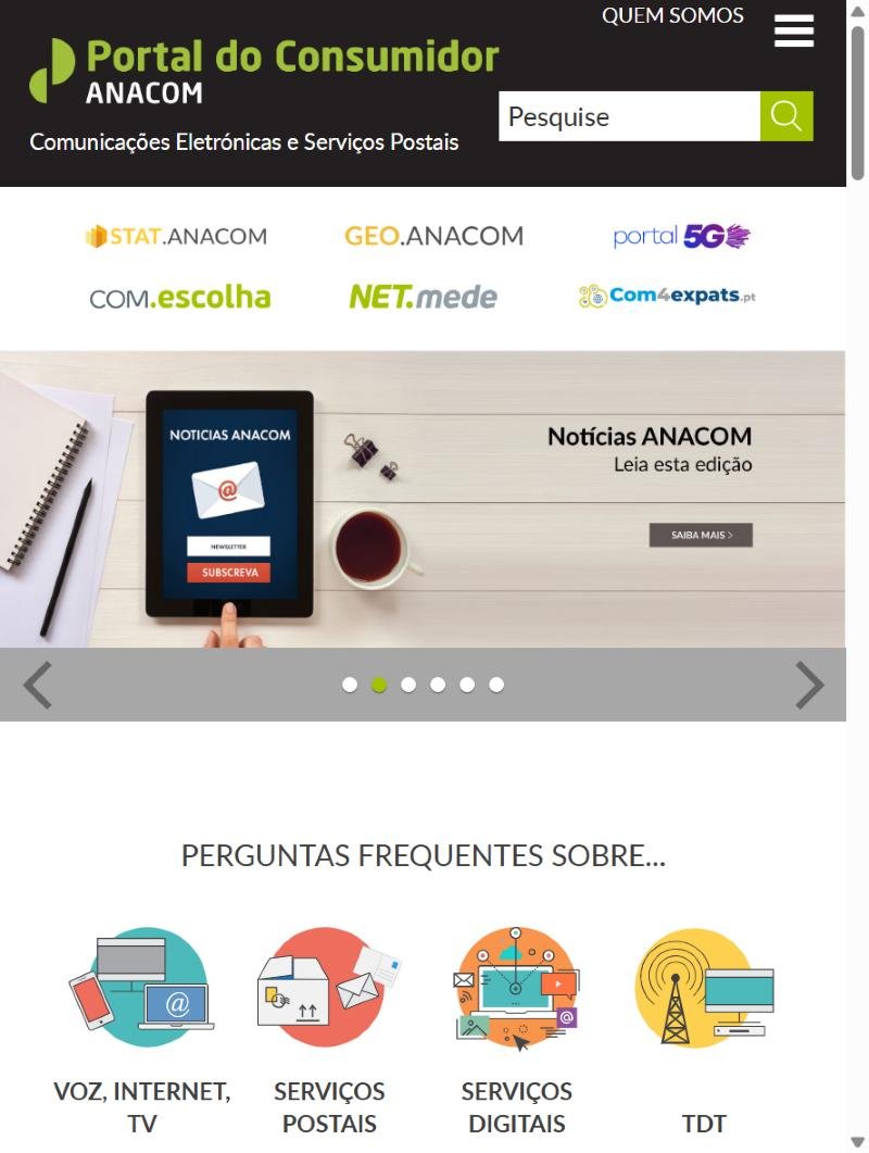 Captura de ecrã do Portal do Consumidor da ANACOM, comunicações eletrónicas e serviços postais