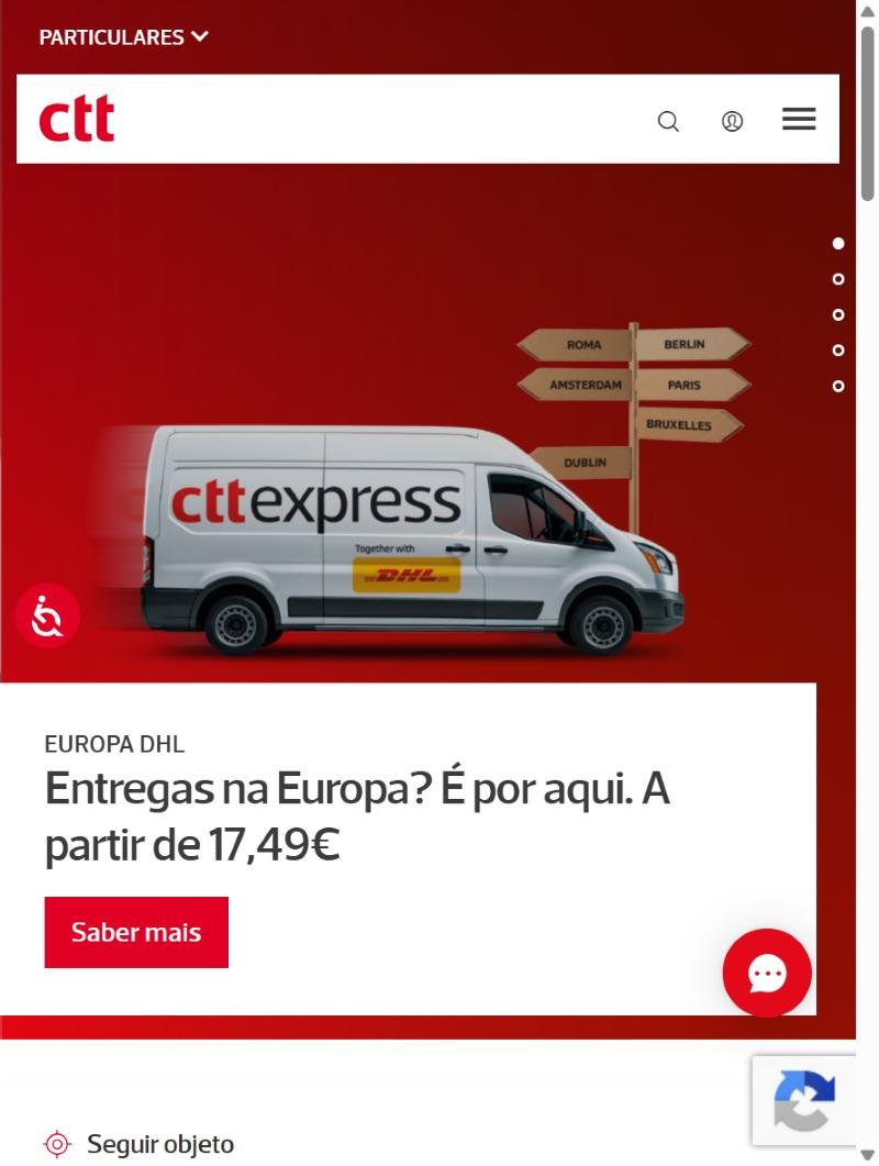 Captura de ecrã da página inicial oficial dos CTT (ctt.pt)