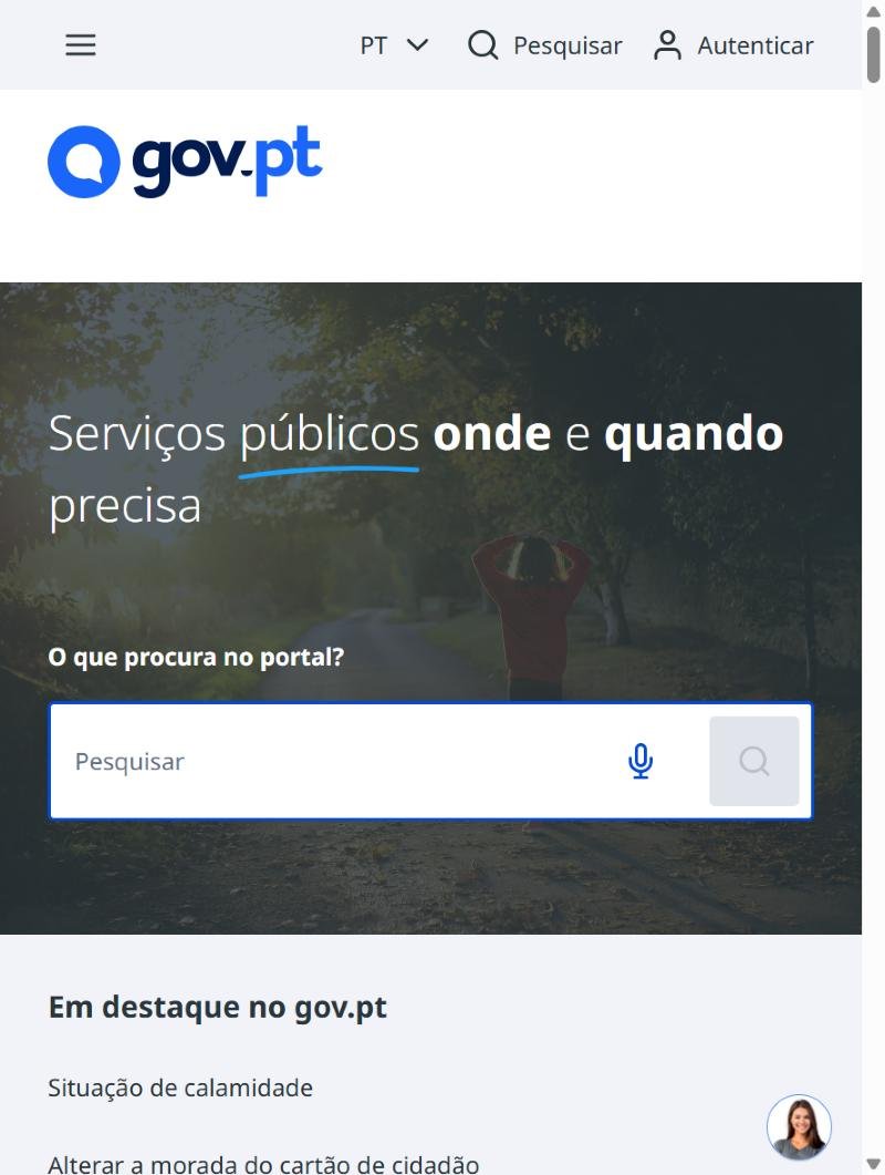 Captura de ecrã da página inicial do portal gov.pt, o antigo ePortugal